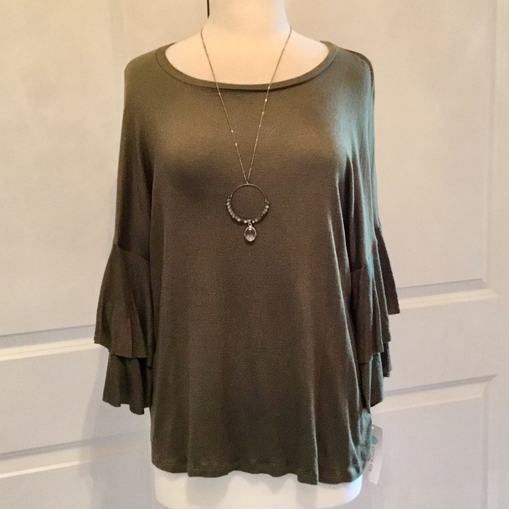 XL Olive Ruffled Sleeve Top